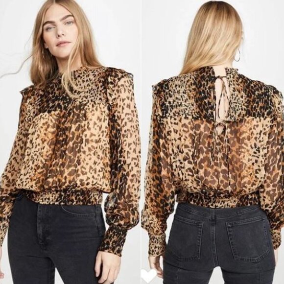 Free People Roma Cheetah Leopard Print Top Smocked Mock Neck Sheer Western Boho - Picture 14 of 14